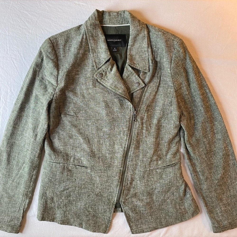 Banana Republic Jacket Women 8 Rifle Green Linen Blend Moto Long Sleeve